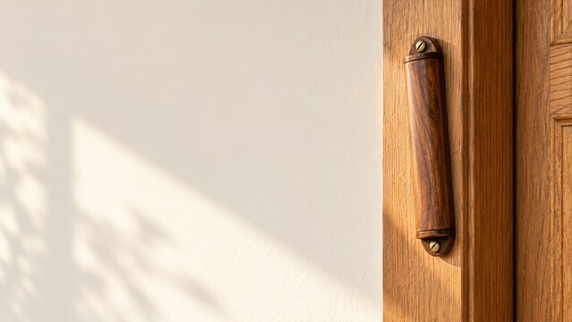 Plain Wooden Mezuzah on an Oak Doorpost beside Cream Space with Copy Space