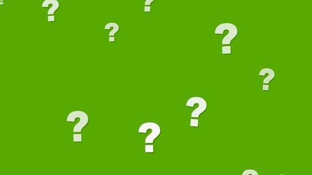 Large white question marks evenly distributed across the screen gently falling and swaying on a greenscreen background in a seamless motion graphic loop