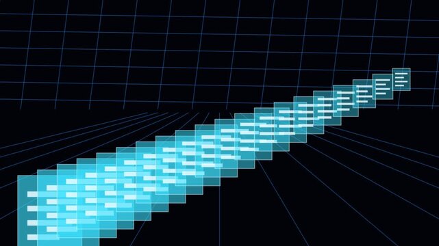 Glowing blue digital data flow animation featuring transparent geometric document symbols moving across cyberspace grid video footage