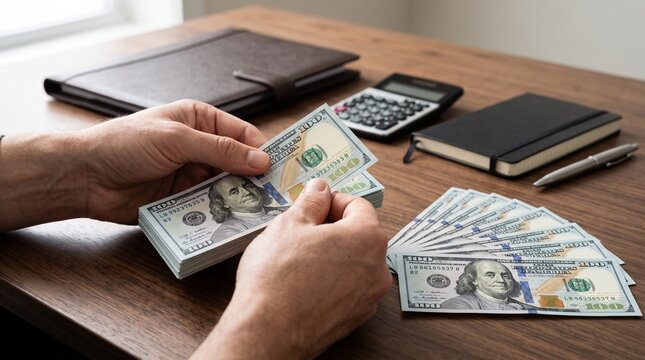 Person counting stack of hundred dollar bills at a wooden office desk with calculator and notebook counting money financial management business accounting cash flow