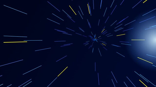 Hyperspace travel simulation animation with glowing blue and yellow light streaks moving fast in digital space footage