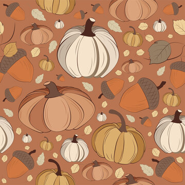 Illustration with an autumn-themed seamless pattern: a pumpkin and an acorn