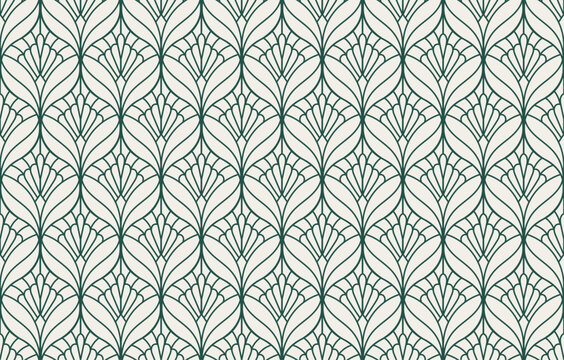 Art Deco Floral Green Line Geometric Seamless Vector Pattern