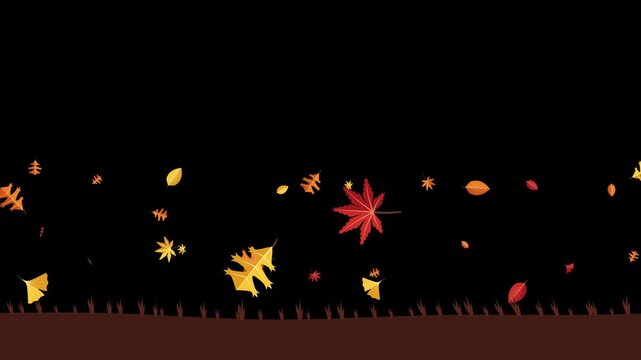 Colorful animated autumn leaves blowing with strong wind gust across a ground plane motion graphic seamless loop