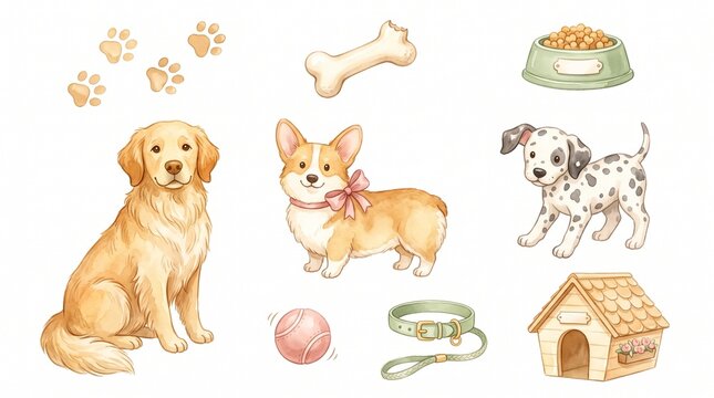 Watercolor cute dog and puppy pet supplies clipart set