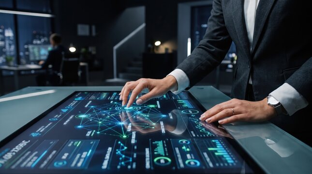 Business executive interacting with large touch screen table displaying neural network graph and data visualization charts in dark futuristic corporate command center with ambient