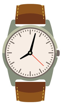 A watch with a brown band and a white face