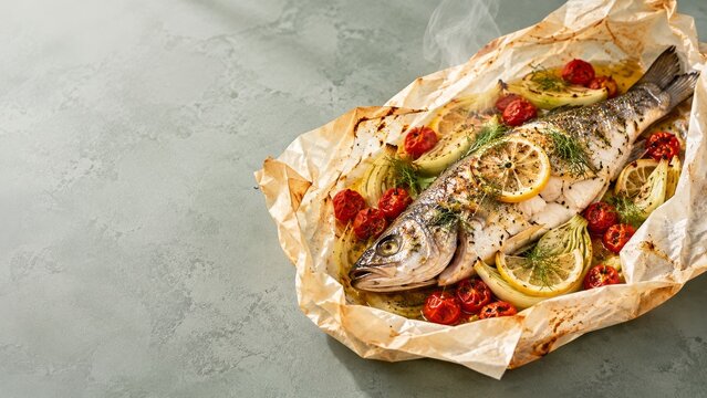 Sea Bass in Open Parchment with Fennel Tomatoes and Lemon on Sage