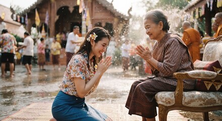 Obraz premium A young Thai woman in a traditional blouse respectfully greets an elderly woman with a wai gesture during the Songkran water festival against a temple background