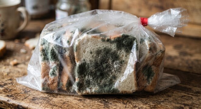 Close-up of sliced white bread completely covered with dark green and white mold inside a transparent plastic bag