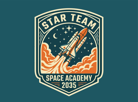 Retro vintage space academy logo featuring a shuttle rocket launching from clouds into a starry night sky with celestial bodies inside a shield frame on a dark teal background