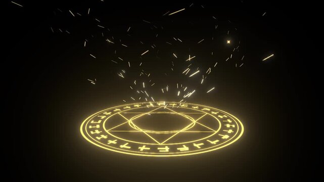 Golden magic circle summoning sparks on black background