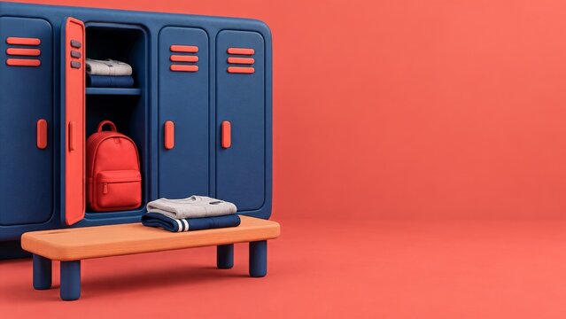 Clay School Lockers with a Backpack and Folded Clothes beside a Bench