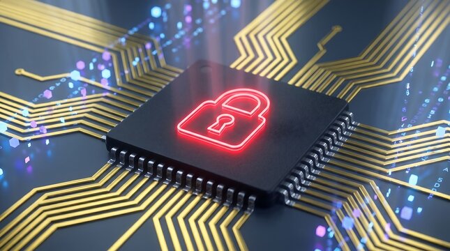 Cybersecurity Microchip with Glowing Neon Padlock on Circuit Board