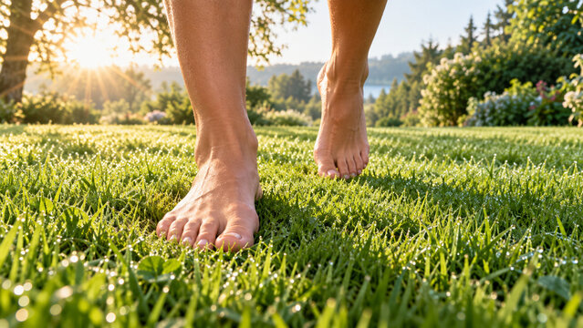 Gros plan sur des pieds nus sur de l'herbe fra&icirc;che