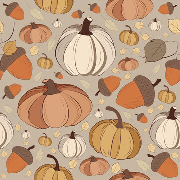 Seamless Autumn Pattern with Pumpkins and Acorns