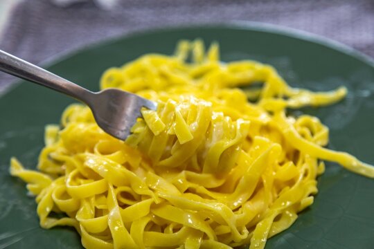 Fettuccine al burro &mdash; fresh egg fettuccine pasta tossed in melted butter and parmesan cheese, served on a dark green ceramic plate, a simple classic of Italian home cooking.