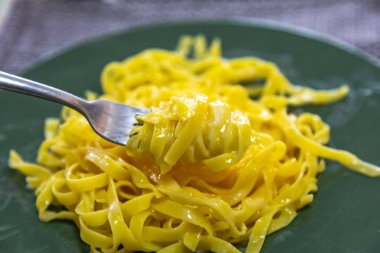 Fettuccine al burro &mdash; fresh egg fettuccine pasta tossed in melted butter and parmesan cheese, served on a dark green ceramic plate, a simple classic of Italian home cooking.