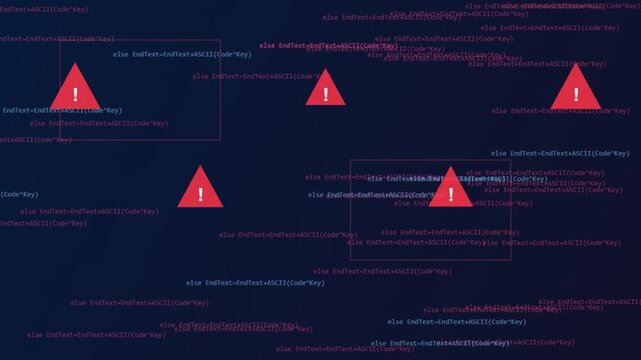 Digital error warning triangles appearing over scrolling programming code lines in cyber security motion video footage
