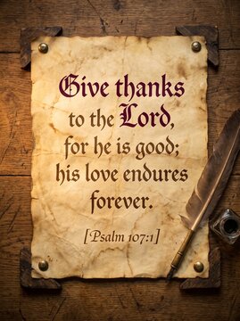 Vintage parchment style bible verse psalm 107 gratitude quote on