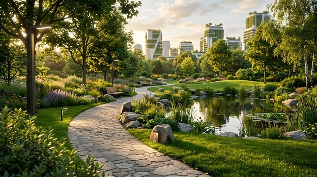 A winding stone path curves through a vibrant garden with flowering plants  a calm pond with lily pads  and trees  set against a backdrop of contemporary architecture under a warm  hazy sky