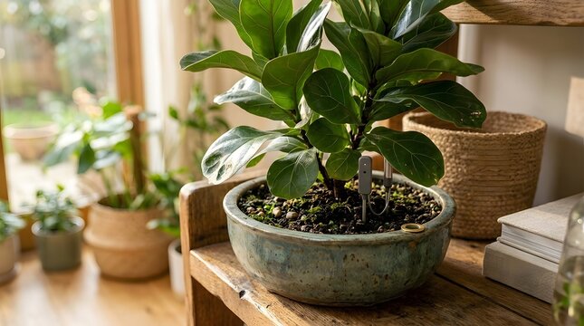 A healthy fiddle leaf fig plant in a glazed ceramic pot rests on a rustic wooden shelf  surrounded by other houseplants and stacked books under natural light