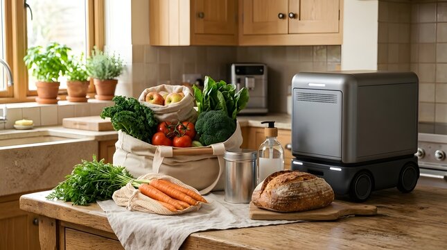 Fresh vegetables  carrots  s  and bread are displayed on a wooden counter beside a robotic delivery device  with potted herbs and a sink in the background
