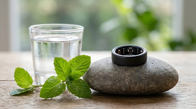 A sleek black ring sits atop a rounded gray stone  next to a clear glass of water and vibrant green mint leaves  all arranged on a wooden table with soft focus foliage behind