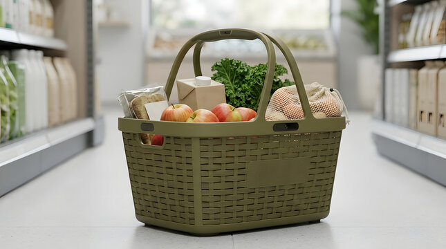 A green woven shopping basket filled with s  kale  oat milk  and other groceries is positioned in the center of a clean  modern grocery store aisle with shelves on both sides
