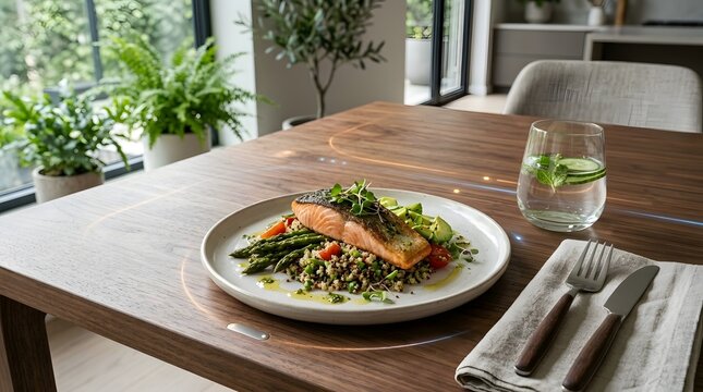 A beautifully plated salmon fillet with asparagus  quinoa  avocado  and microgreens  served on a wooden table with a glass of water and cutlery