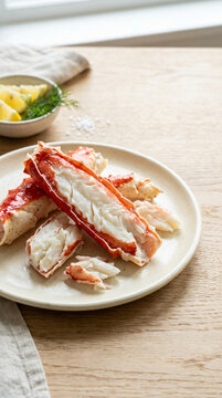 Fresh cooked king crab legs served on a plate with lemon wedges and dill.