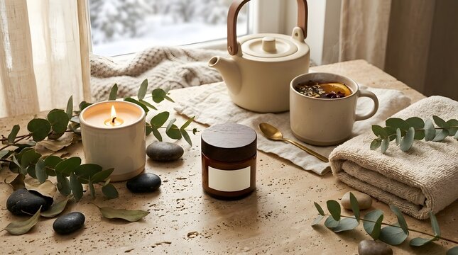 A warm  tranquil setting featuring a lit candle  ceramic teapot  hot beverage in a mug  folded towel  eucalyptus sprigs