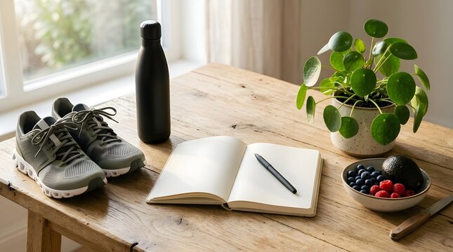 On a rustic wooden table  athletic shoes  a reusable water bottle  an open notebook with a pen  a potted plant  and a bowl of berries and avocado are arranged near a window