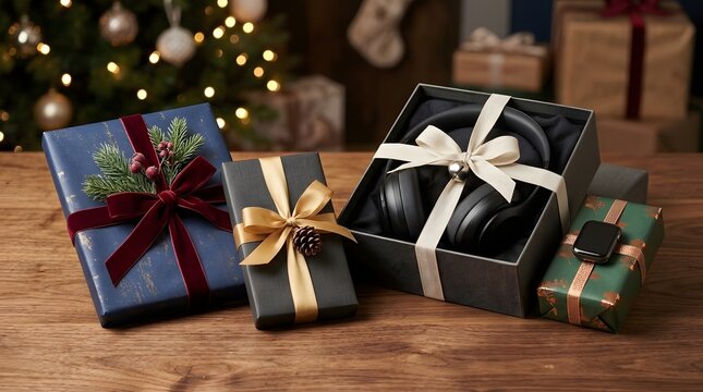 On a wooden surface  four holiday gifts are arranged  one with headphones  one with a smartwatch  and two others with decorative bows and pinecones  set against a softly lit Christmas tree