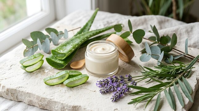 A glass jar of white cream sits on a light stone slab with sliced aloe vera  eucalyptus branches  lavender sprigs  and rosemary  arranged near a window with natural light