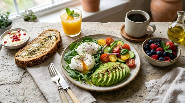 A beautifully arranged breakfast with poached eggs  sliced avocado  mixed greens  cherry tomatoes  cucumber  berries  toast  orange juice  and coffee on a textured stone surface
