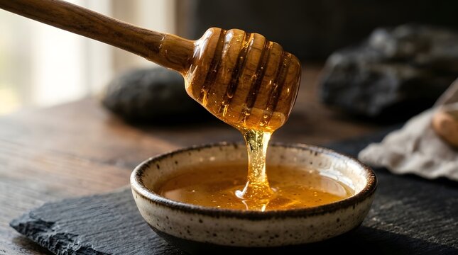 A wooden honey dipper releases thick golden honey into a speckled ceramic bowl  set on a dark slate surface with blurred natural background elements