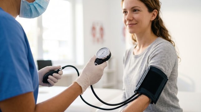 Nurse in blue scrubs wearing a mask measures the arterial blood pressure of a relaxed woman in a medical office during a daytime wellness visit