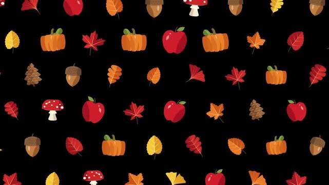 Colorful autumn icons falling downwards in a seamless looping motion graphic background animation