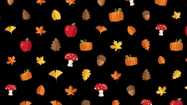 Vibrant autumn icons gently floating rotating in a seamless loop seasonal pattern motion graphic video