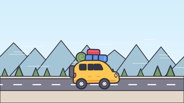 A meaningful motion graphic of a cute loaded travel car driving on a scenic road trip with bouncing suspension, spinning wheels, and parallax background.