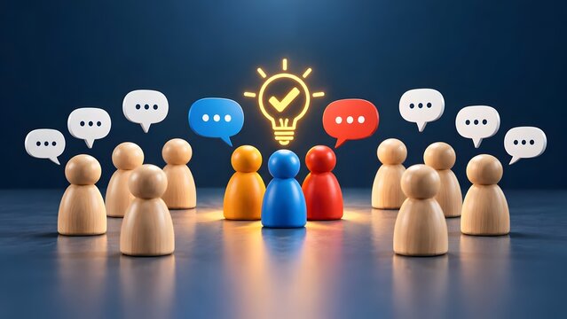 Diverse wooden figure team gathered around glowing lightbulb checkmark icon representing approved business ideas, successful consensus and team collaboration