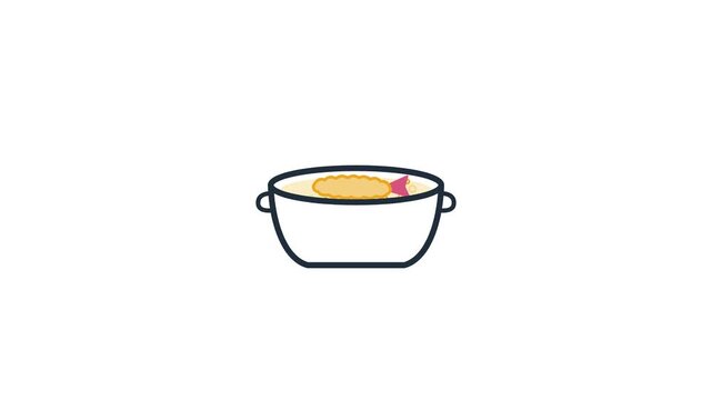 天ぷら鍋の油でえびの天ぷらがじゅわっと揚がる線画アイコン ループアニメーション