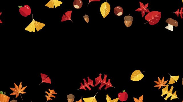 Colorful flat design animation of autumn leaves acorns apples moving to create a decorative seasonal frame