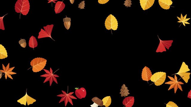 Colorful flat design autumn animation with maple leaves acorns apples and mushrooms appearing to frame the screen