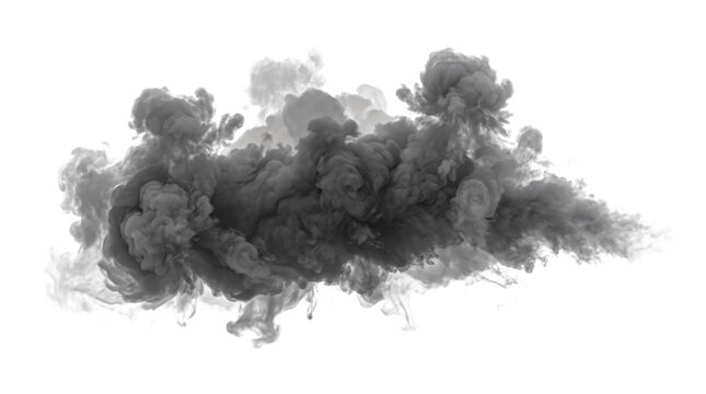 Dense gray smoke cloud burst with isolated on transparent background