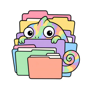 Pastel chameleon peeking from colorful folder stack with playful expression and layered office storage design