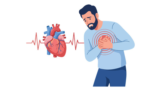 Man experiencing severe chest pain and heart attack symptoms with cardiac organ vector illustration