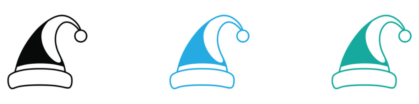 Vector illustration of cute Santa Claus hat and Christmas sleeping cap icons in black, blue, and green color variations
