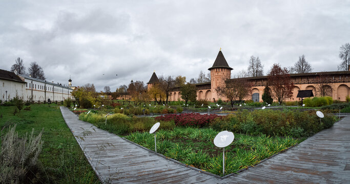 view of the courtyard of the Spaso-Evfimiev Monastery museum complex in the city of Suzdal